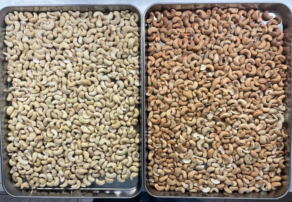 Cashews before and after roasting.
